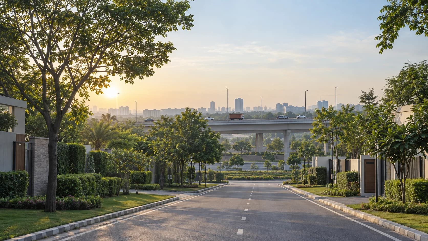 A peaceful tree-lined residential community with a nearby highway flyover