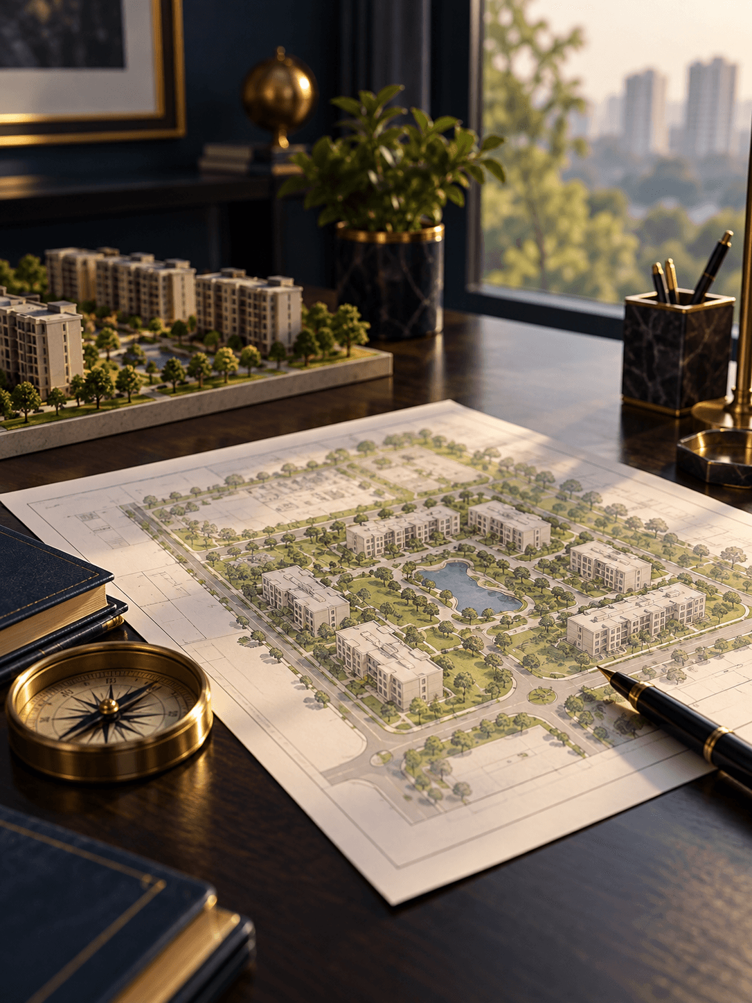 A residential site plan, architectural model and planning compass